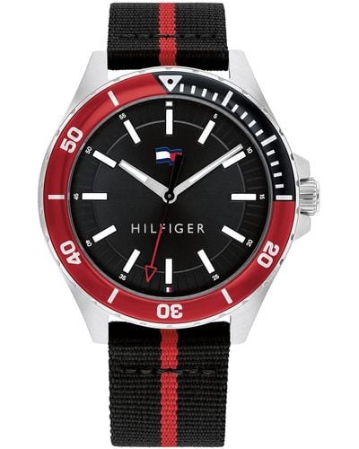 Tommy Hilfiger Stainless Steel & Ionic Plated Black Steel & Multicolor Aluminum Case And Recycled #tide Ocean Plastic Textile Strap Watch - Red