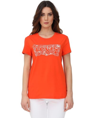 Levi's T-Shirt Arancio da Donna a ica Corta con Stampa Logo e Fiori sul Davanti Donna T-Shirt XS - Arancione