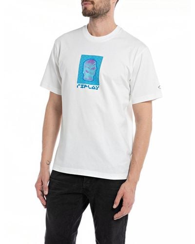 Replay T-shirt Uomo ica Corta Girocollo con Stampa sul Retro - Bianco