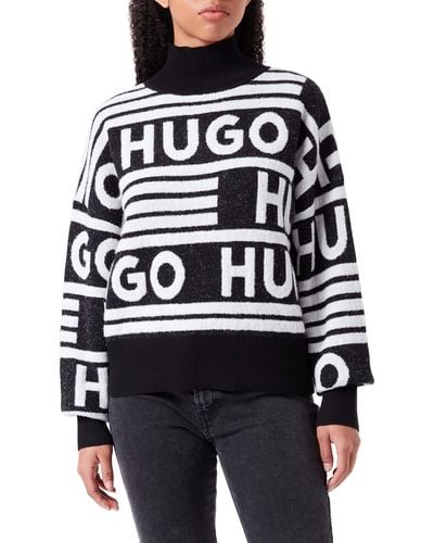HUGO Sismina Oversized Pullover mit Stehkragen und Jacquard-Logos Schwarz XL