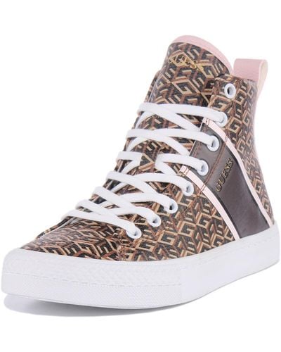 Guess Elga Hi Top Lace Up Synthetic Trainers - Brown