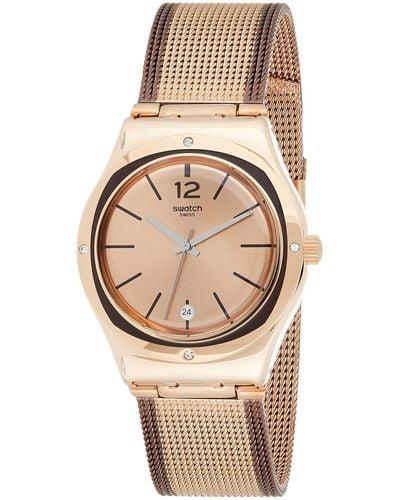 Swatch Analog Quarz Uhr mit Edelstahl Armband YLG408M - Braun
