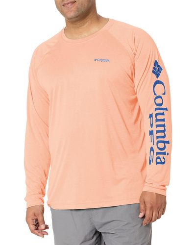 Columbia Pfg Terminal Tackletm Heather Long Sleeve Shirt,bright Nectar Heather/vivid Blue Logo,large - Multicolor