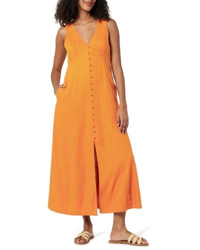 The Drop Blanca Linen Button-front V-neck Maxi Dress - Orange