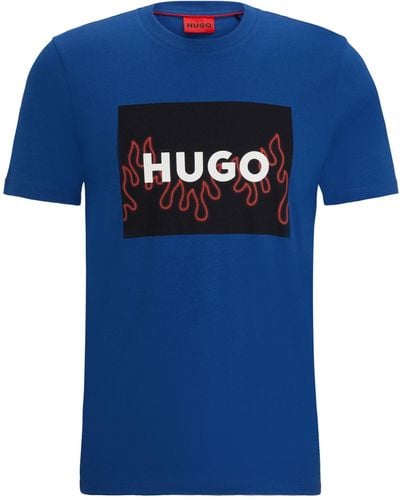 HUGO Cotton-jersey Regular-fit T-shirt With Flame Logo - Blue