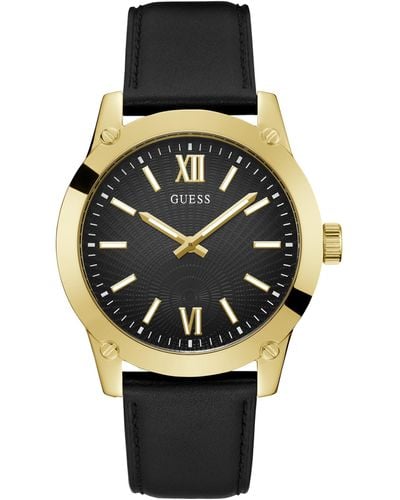Guess Gents Black Leather Strap Watch - Metallic