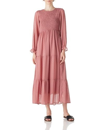 FIND Summer Casual Swiss Dot Long Sleeve Party Maxi Dresses - Pink