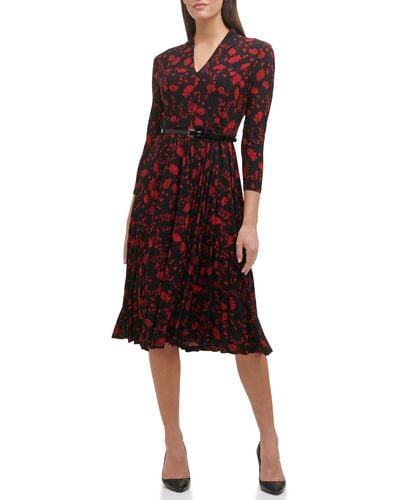 Tommy Hilfiger Long Sleeve Jersey Midi Dress With Pleated Skirt - Red