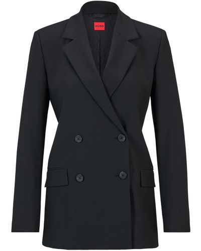 HUGO Double-breasted Relaxed-fit Jacket In Stretch Fabric - Black