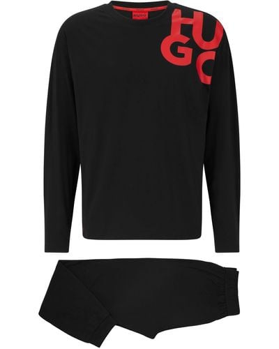 HUGO S Tagged Long Set Relaxed-fit Cotton-blend Pyjamas With Stacked Logos Black