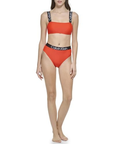 Calvin Klein Standard Bra Top With Removable Soft Cups High Waist Bottom Logo Elastic 2 Piece Set - Red