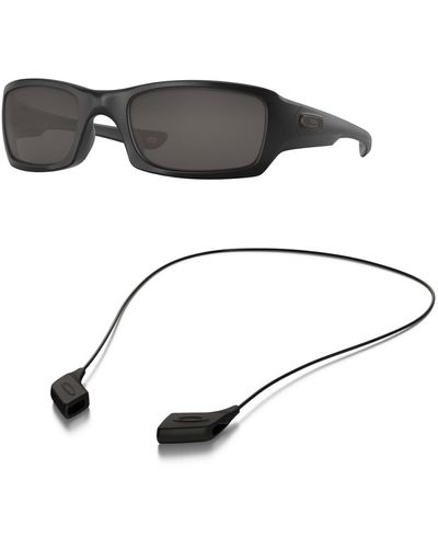 Oakley Sunglasses Bundle: Oo 9238 923810 Fives Squared Matte Black Warm Accessory Shiny Black Leash Kit - Metallic