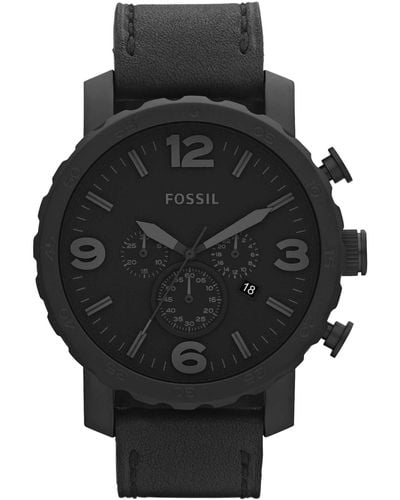 Fossil Nate Quartz Stainless Steel And Leather Casual Watch - Black