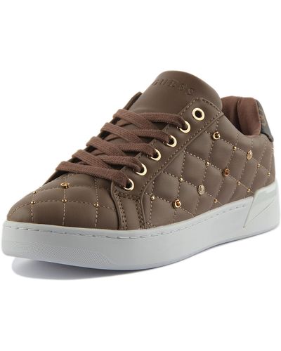 Guess Reea Low Top Lace Up Quilted Synthetic Trainers - Brown