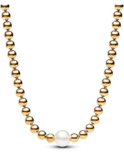 PANDORA Timeless Collar chapado en oro de 14 quilates con perla blanca cultivada de agua dulce tratada y circonitas cúbicas - Metálico