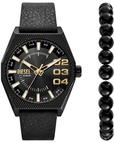 DIESEL Analog Quartz Watch With Leather Strap Dz2210set - Black