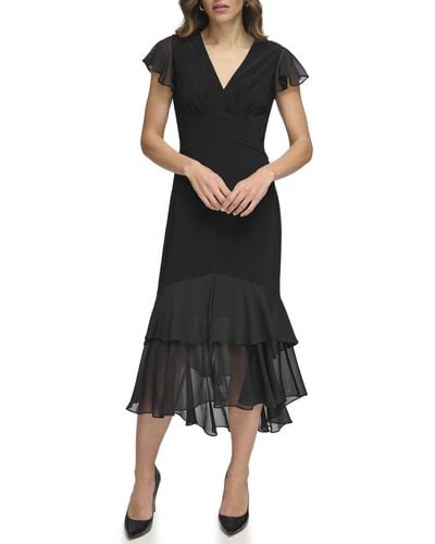 Tommy Hilfiger Flutter Sleeve High Low Tiered Skirt Dress - Black