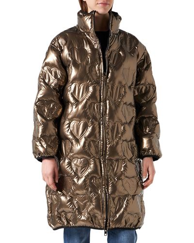 Love Moschino Long Padded Jacket in Logo Thermo Quilted Nylon with Hood Giacca - Marrone