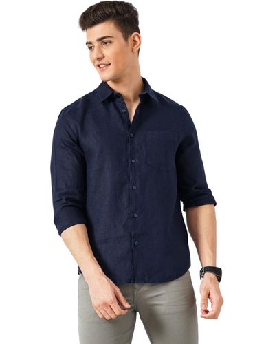 Celio* Camicia da uomo in lino tinta unita blu navy vestibilità regolare