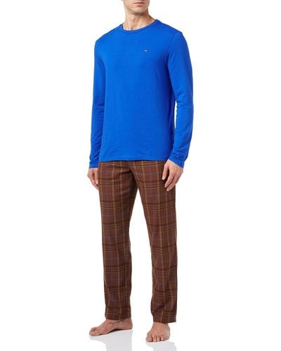 Tommy Hilfiger LS Pant-Juego de Camiseta de Franela Pijama - Azul
