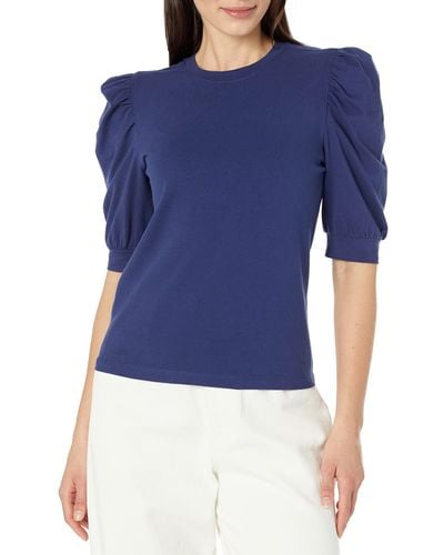 The Drop Mariko Camiseta de Punto Elástico de Cuello Redondo Y gas Abullonadas para Mujer - Azul