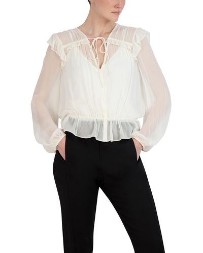 BCBGMAXAZRIA Relaxed Peplum Top Long Sleeve V Neck With Tie Ruffle Drawstring Shirt - White