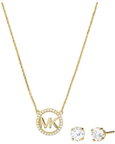 MICHAEL Michael Kors 14k Plated Pave Logo Charm Necklace And Stud Earring Set - Metallic
