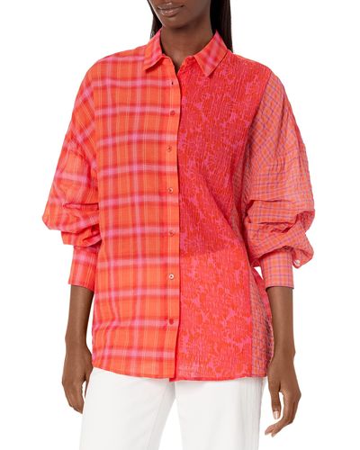 Desigual Oversize Patchwork Plaid Shirt - Red