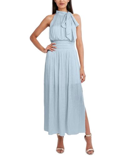 BCBGMAXAZRIA Fit And Flare Maxi Dress Sleeveless Smocked Waist Halter Neck Bow Detail - Blue