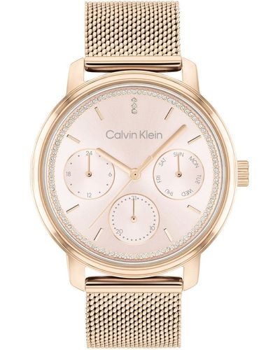 Calvin Klein Analoge Multifunctionele Quartz Horloge Voor Vrouwen Met Anjer Goud Gekleurde Rvs Mesh Armband - 25200179, Blozen, - Naturel