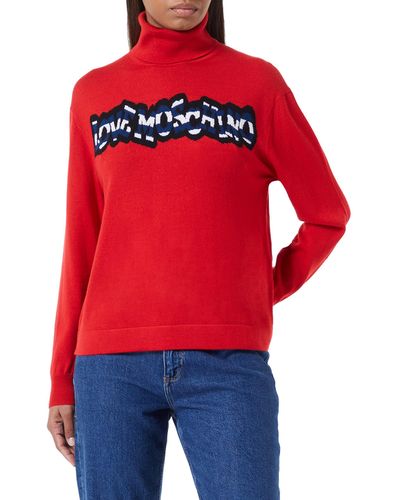 Love Moschino Long-Sleeved Turtleneck with Striped Logo Pullover Sweater - Rot