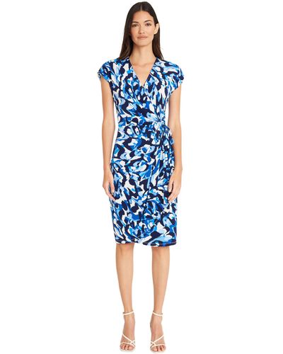 Maggy London S Printed Matte Jersey Wrap Business Casual Dress - Blue