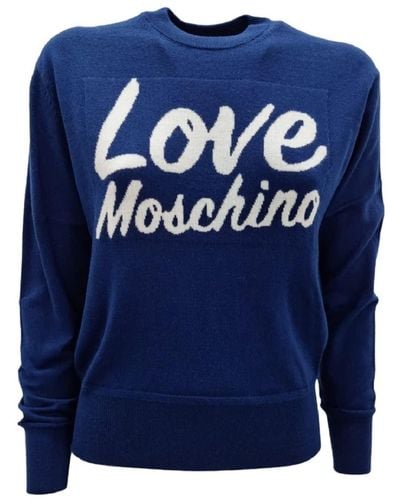 Love Moschino Slim Fit a iche Lunghe con Intarsia. Maglione - Blu