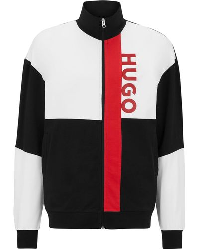 HUGO Colorblock JacketZip Relaxed-Fit Jacke aus elastischer Baumwolle im Colour-Block-Design Schwarz M - Weiß