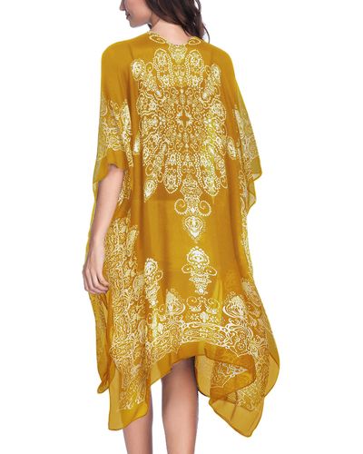 HIKARO Long Kimono Floral Cardigans Beach Bikini Cover Up Sarongs Print Boho Cardigan Open Front Loose Shawl Blouse Summer for Ladies - Jaune