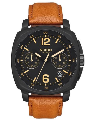 Nixon Erwachsene Chronograph Quarz Uhr mit Leder Armband A1073-2447-00 - Schwarz