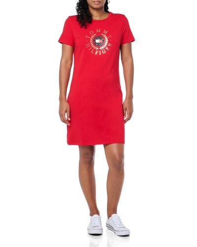 Tommy Hilfiger Short Sleeve Metallic Logo Cotton T-shirt Dress Casual - Red