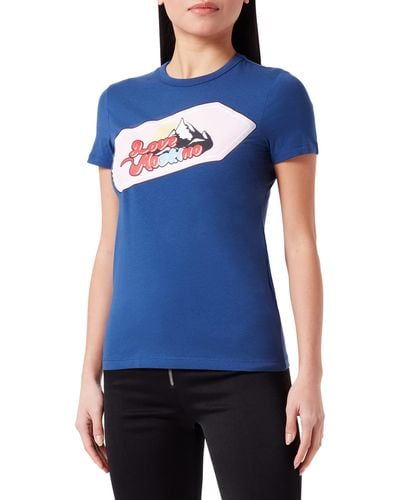 Love Moschino Slim Fit a iche Corte con Stampa Impermeabile e Dettagli Glitterati T-Shirt - Blu