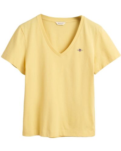 GANT Reg Shield SS-Maglietta con Scollo a V Neck T-Shirt - Giallo