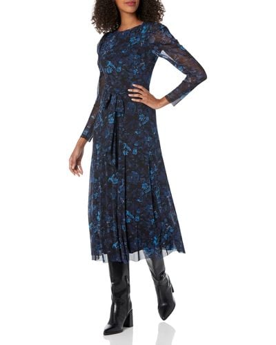 Anne Klein Puff Sleeve Midi Dress W/self Sash - Blue