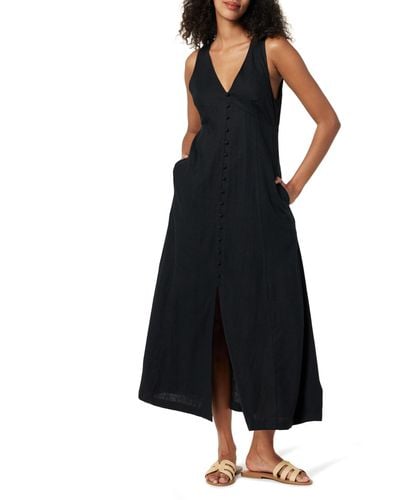 The Drop Blanca Linen Button Front V-Neck Maxi Dress Vestidos - Negro