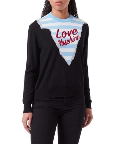 Love Moschino Regular fit Long-Sleeved Roundneck with Striped Pattern Mountain Profile Intarsia and Love Embroidery Pullover Sweater - Blau