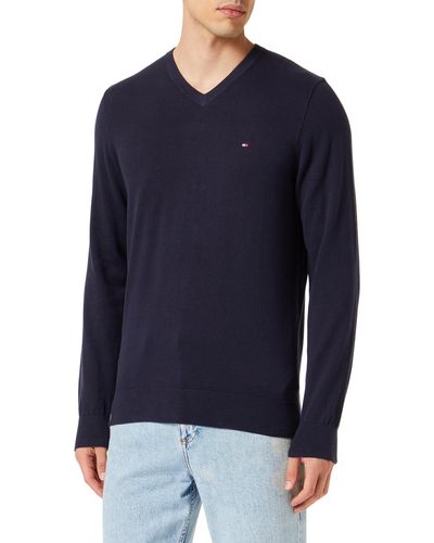 Tommy Hilfiger Cuello en V de algodón Suéteres - Azul