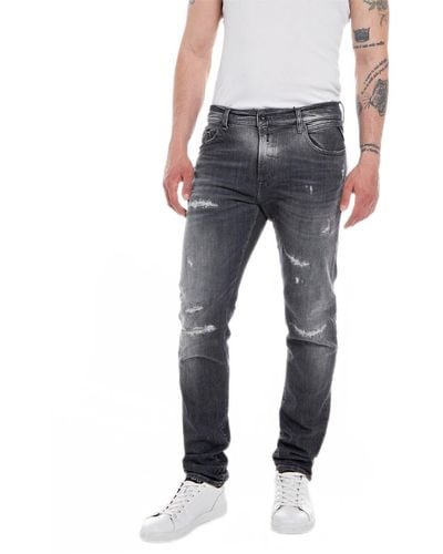 Replay Jeans Uomo Mickym Slim Fit Aged Super Elasticizzati - Grigio