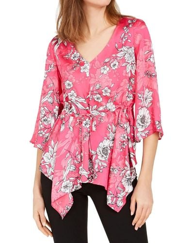 Nine West Long Sleeve V-neck Printed Blouse With Waist Tie Detail - Pink