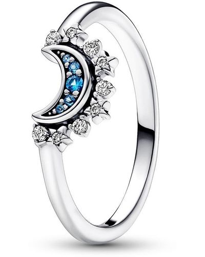 PANDORA Moments Celestial Sparkling Moon Sterling Silver Ring With Night Blue Crystal And Clear Cubic Zirconia - Metallic