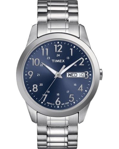 Timex TW2P67300 Indiglo Silver Tone Expansion Bracelet Day Date Blue Dial Watch - Grau