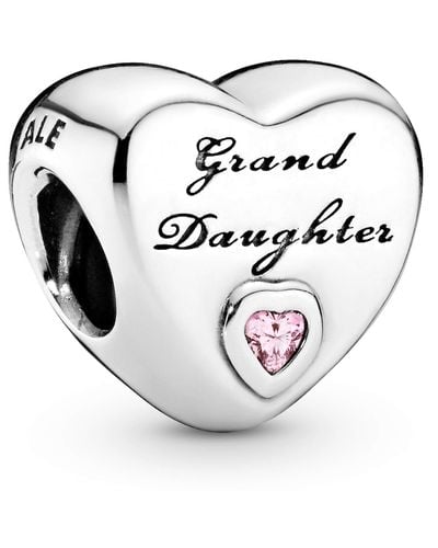 PANDORA Icons Dije con diseño de corazón e inscripción «Granddaughter» de plata con circonita cúbica rosa - Multicolor