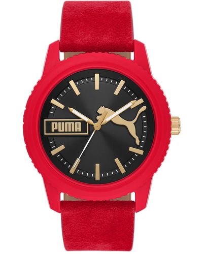 PUMA Ultrafresh Three-hand Red Suede Leather Watch