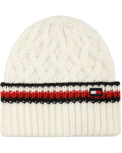 Tommy Hilfiger Lattice Cable With Stripes Cuff Hat Beanie - White